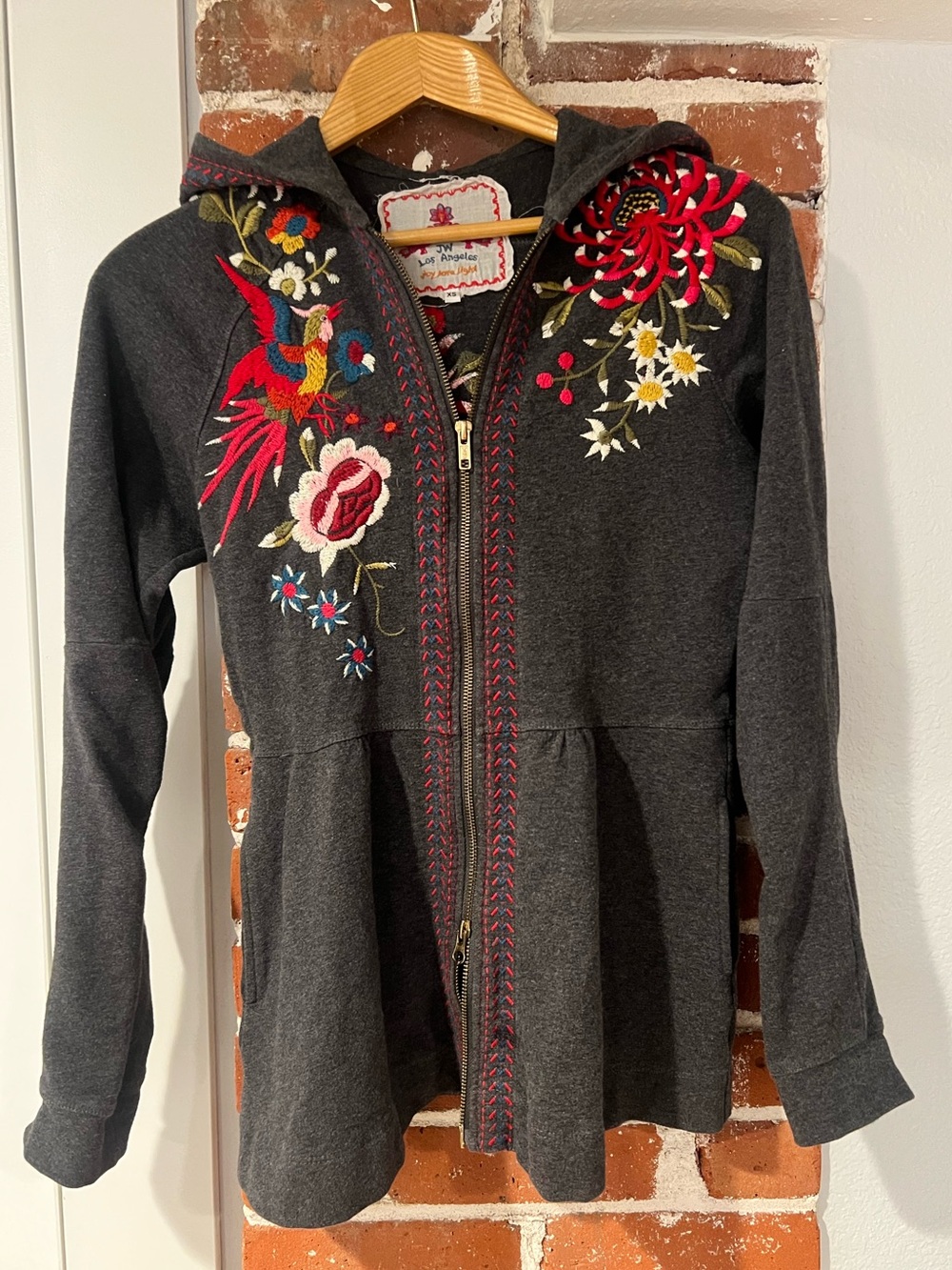 Johnny Was embroidered zip up hoodie, size XS
